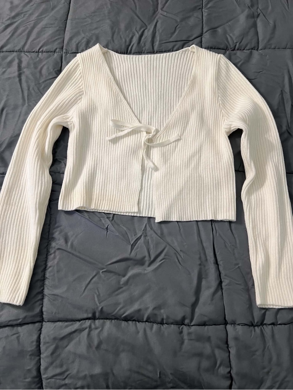 SHEIN Ivory Ribbed Tie-Front Cropped Cardigan